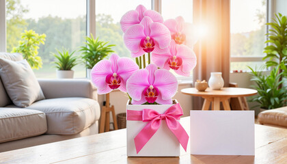 Pink orchids in a pot with a bow on a wooden table