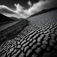 Fototapeta premium Dramatic cracked earth landscape in black and white, showcasing nature's resilience 