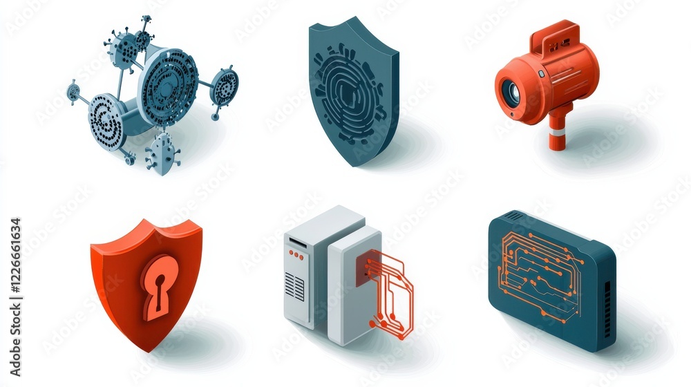 Poster securing the digital frontier icons of six cybersecurity elements with shield lock standards