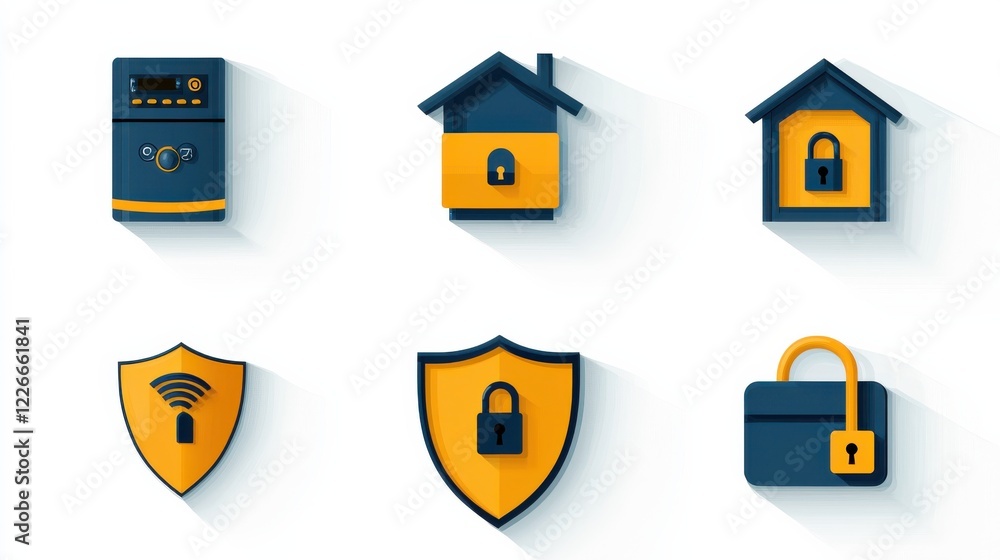 Poster enhancing home security exploring icons of six essential alarm system elements for optimal protectio