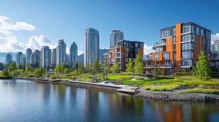 Fototapeta premium A wide shot of a waterfront development project, showcasing residential buildings, parks, and public spaces being constructed 
