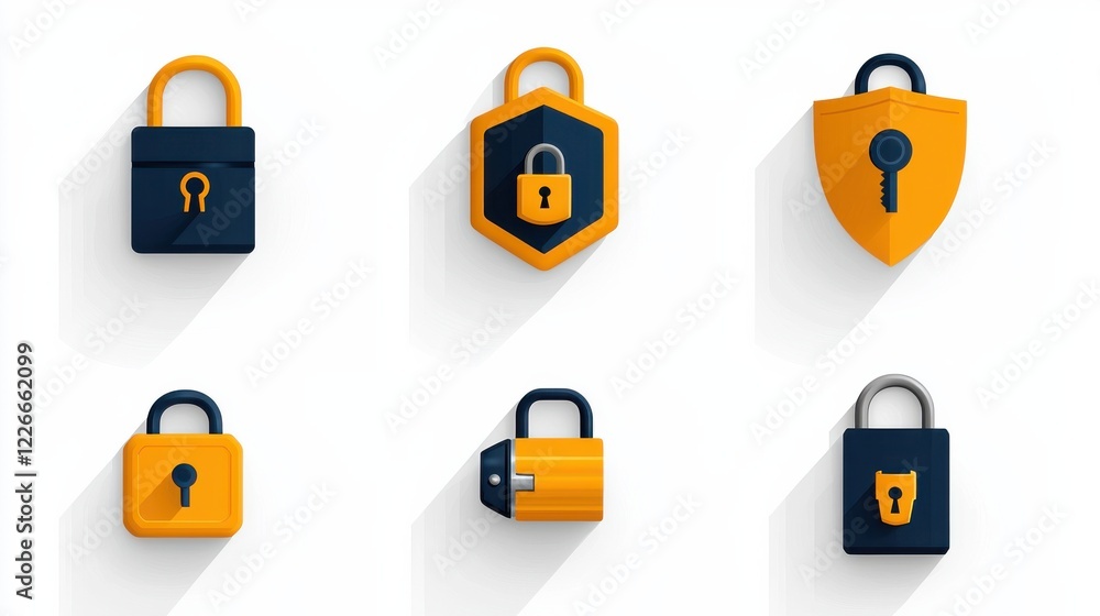 Aufkleber enhancing security with icons of six physical security items padlock safe and cctv standards in digi