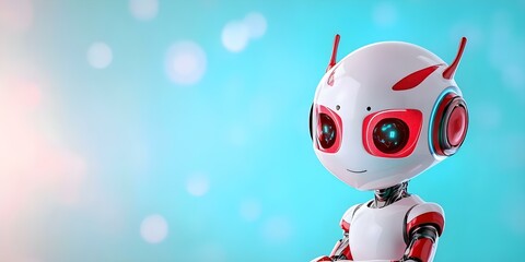 Obraz premium A cute, stylized robot with a friendly expression, red accents, and large, expressive eyes against a soft, colorful background. Concept Cute Robot Design, Friendly Expression, Red Accents