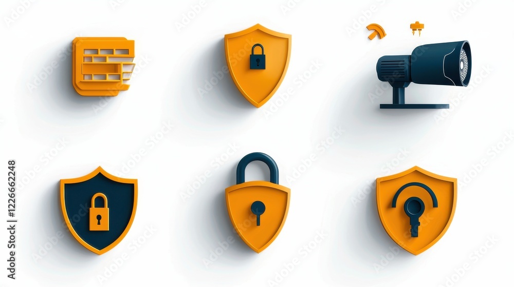 Aufkleber Enhancing security icons of six key features including lock shield and fingerprint in a digital workspace environment