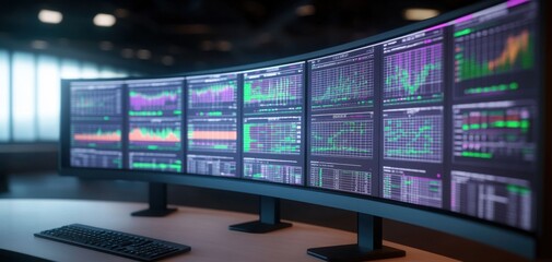 A modern trading setup with multiple monitors displaying financial charts and data in a professional workspace.