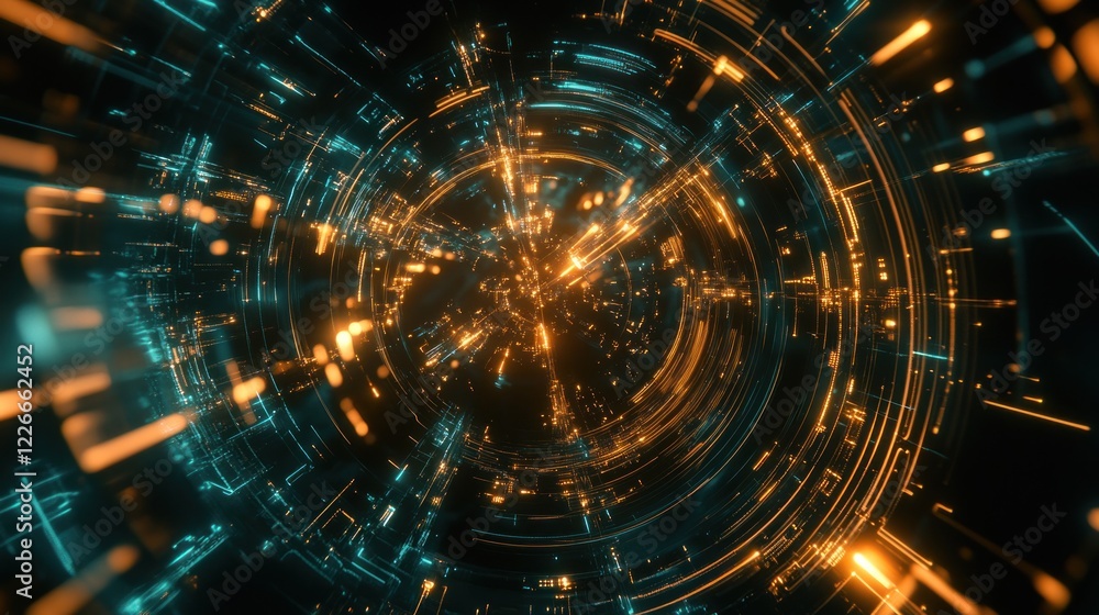 Poster abstract digital network background with glowing lines and circles emanating from a central point