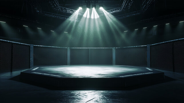 An empty, illuminated MMA octagon with a spotlight on the center. The clean ring has tightly stretched ropes and a glistening floor under the lights, with the dark arena evoking anticipation.