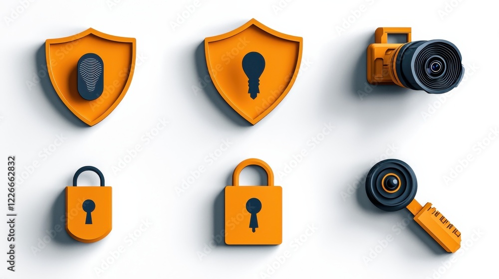 Poster Enhancing cybersecurity six icons representing firewall encryption standards in digital security settings