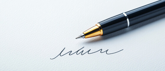 Elegant black pen writing signature on smooth white paper, illustrating professionalism and precision in business.