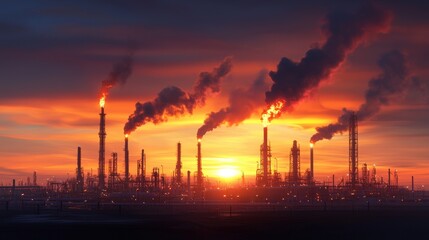 Large industrial factory with smoke emissions and towering oil and gas rigs against a cloudy sky