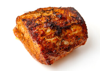 A piece of meat is covered in spices and appears to be cooked