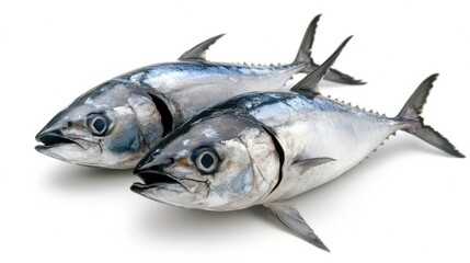 Fototapeta premium Freshly caught tuna fish displayed on a clean white background, showcasing their glistening scales and vivid blue color.