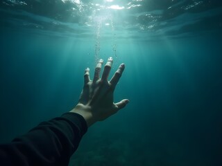 Despair drowning hand underwater danger help accident on urgency sos dangerous water background of emergency problem rescue ocean swimming warning risk or saving life reaching hopeless alone concept.