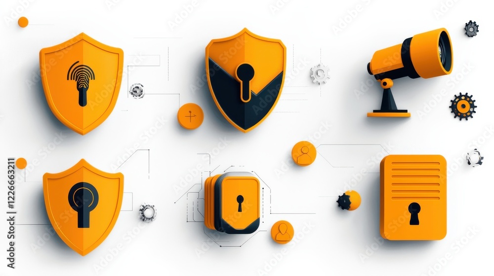 Poster enhancing digital security six shield lock icons featuring keyhole design for cybersecurity solution