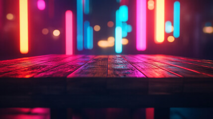Dark Wooden Table Neon Lights Background Nightclub Product Display bar pink blue glow color scene   