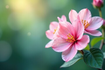 Obraz premium Pastel watercolor blooms, soft focus, blurred leaves, dreamy, gentle, vibrant