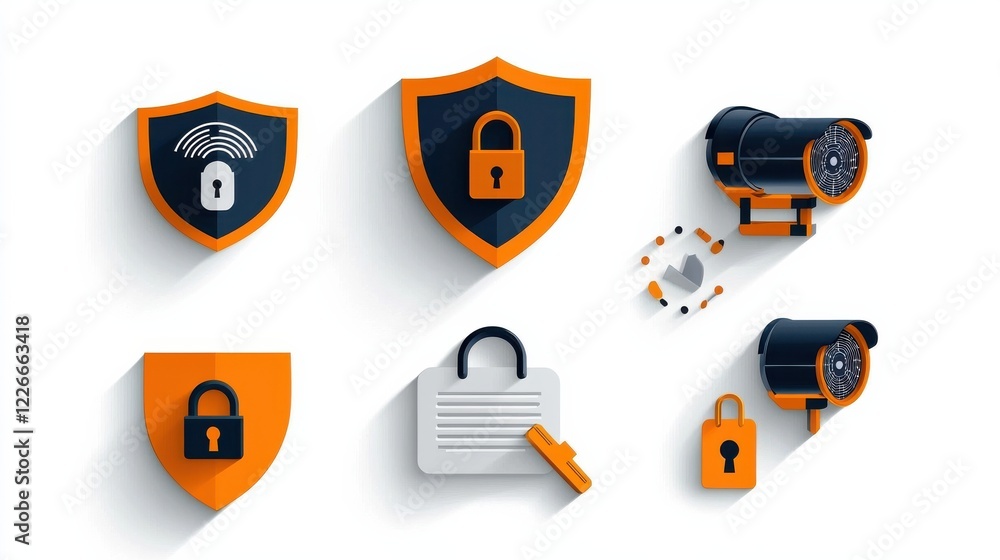 Fototapete enhancing security with six shield icons featuring lock designs in digital context for visual commun
