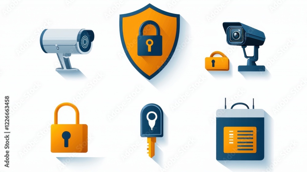 Poster enhancing cybersecurity six shield and lock icons for digital protection online graphic resources mo