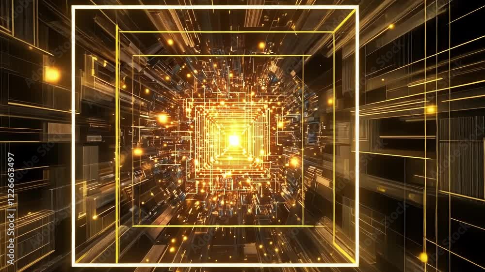 Poster glowing orange squares create a mesmerizing tunnel effect, moving dynamically through digital cybers