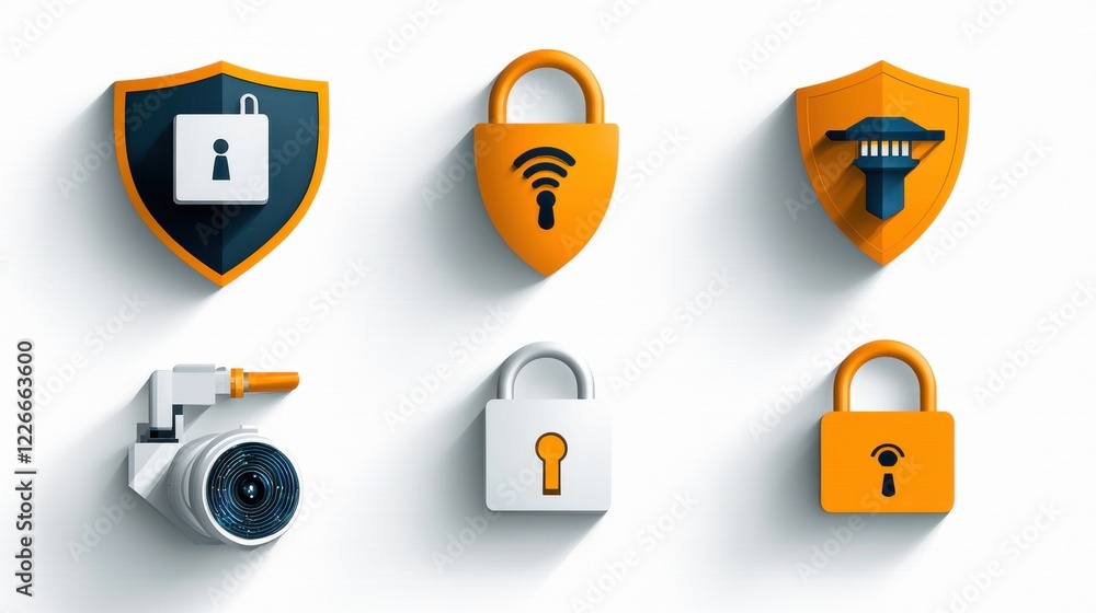 Aufkleber enhancing digital security six iconic symbols of padlock shields and biometric standards in a modern