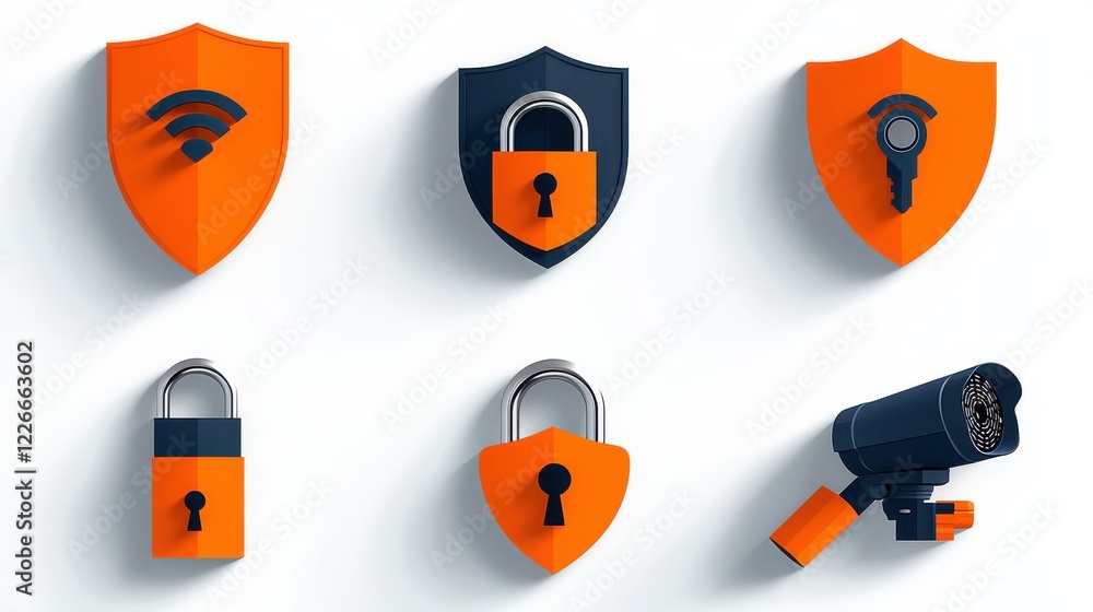 Aufkleber enhancing digital security six icons depicting padlock shield and biometric standards in a modern en