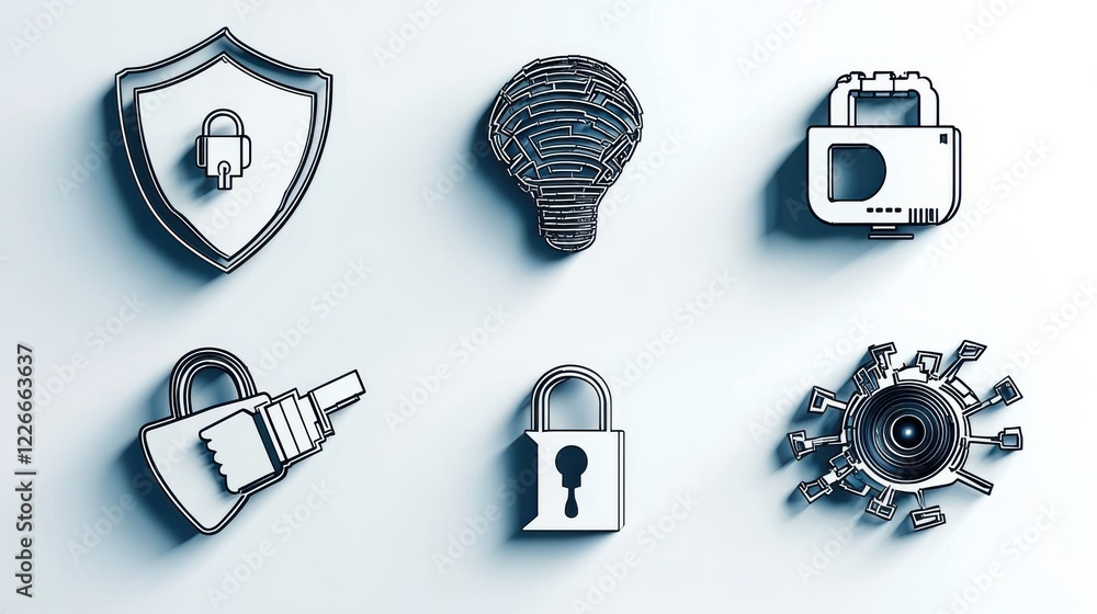 Aufkleber enhancing security standards six icons of padlock shield and biometric features in digital environme