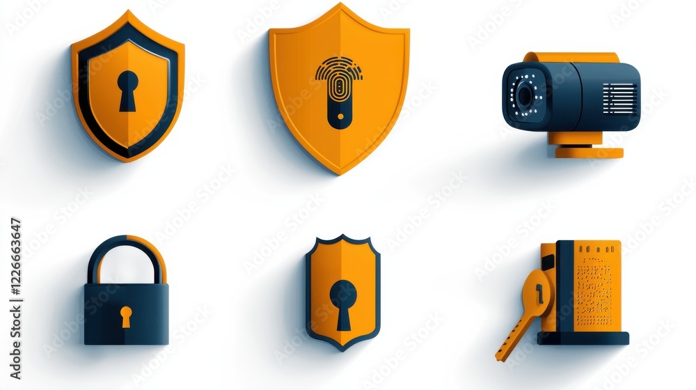 Fototapete enhancing digital security six icons featuring shield lock and fingerprint symbols in a modern graph