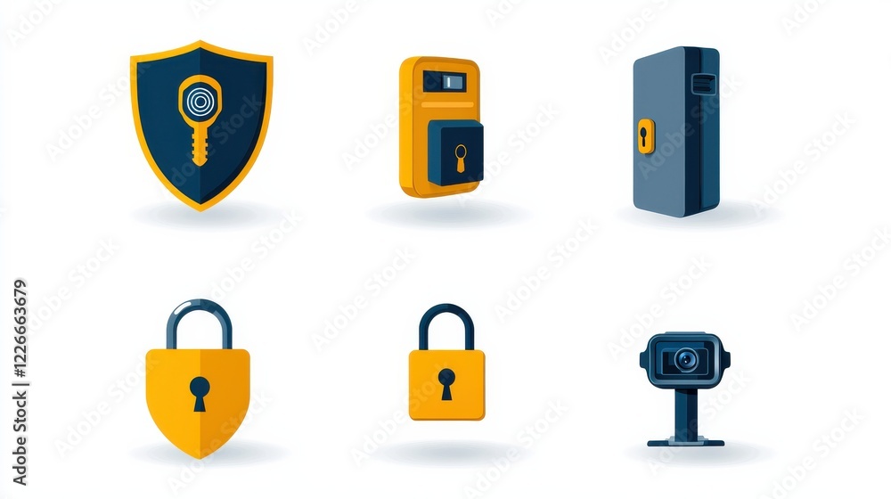 Poster enhancing digital security six icons representing shield lock and fingerprint standards in a modern 