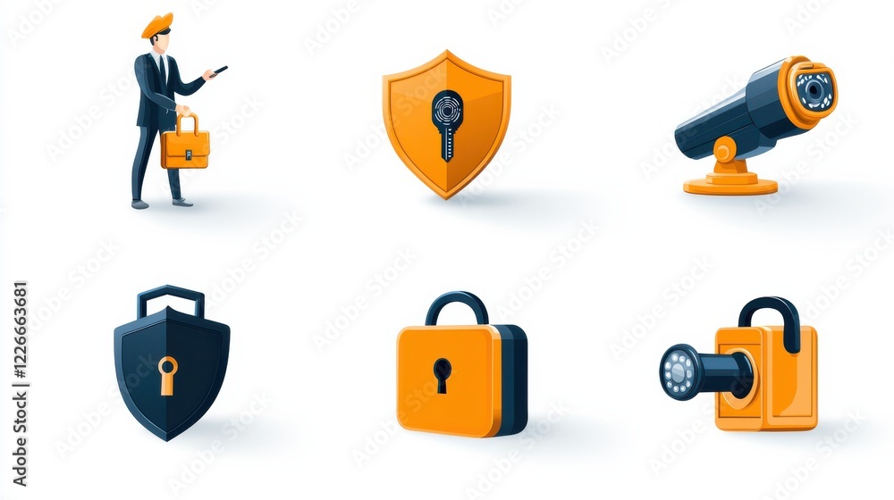 Poster enhancing digital security six icons of protection featuring shield lock fingerprint standards in a 