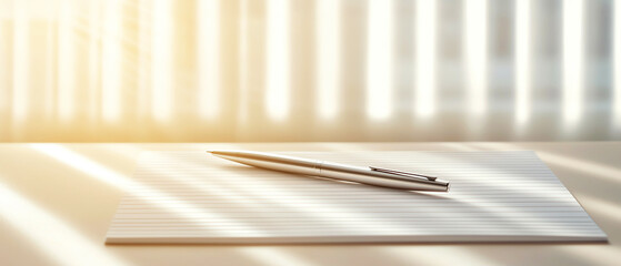Pen on blank paper sheet, bathed in warm sunlight minimalist business workspace setup.