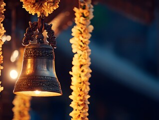 Glowing Brass Bell Illuminates Darkened Temple Scene in Tranquil Oriental