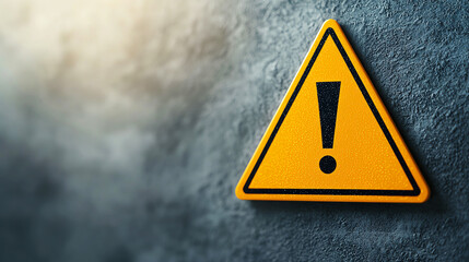 Yellow warning sign with exclamation mark on textured wall, symbolizing caution and alertness.