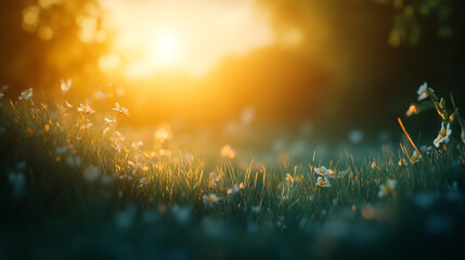 Golden Sunset Meadow Wildflowers Peaceful Nature Scene Summer Evening Grass Warm Field Bloom Green  