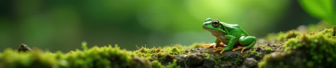 Obraz premium Green frog on a mossy rock, eyes fixed on something unseen , macro, stone