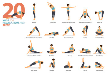 20 Yoga poses or asana posture for workout in relaxation and sleep concept. Women exercising for body stretching. Fitness infographic. Flat cartoon vector.