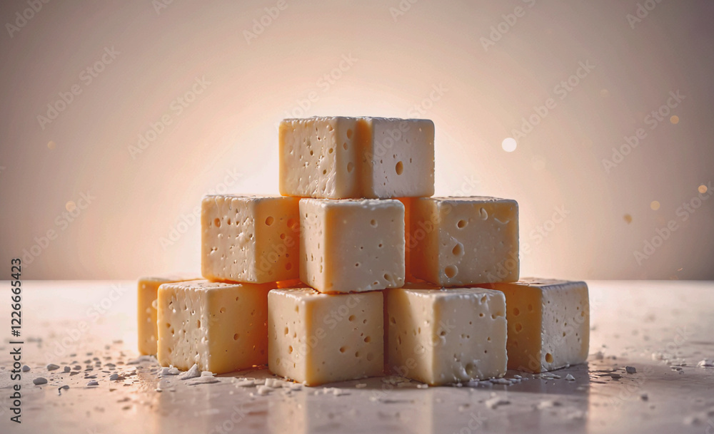 Poster A stack of cheese blocks on a table. Concept of abundance and indulgence, as the cheese blocks are piled high and appear to be a tempting treat