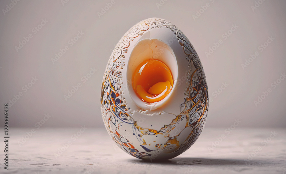 Poster a cracked egg with a hole in the middle of it. the egg is white and yellow. the egg is sitting on a 