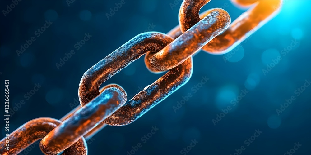 Poster a close-up view of a rusty metal chain link against a blue background with soft bokeh effects. conce