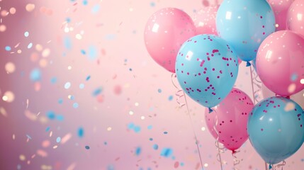 Celebrate, balloons and confetti background with copy space for festive gender reveal party, decor, balloon, birthday, fun, holiday, surprise, festive, happy