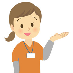 ユニフォーム姿で案内をする女性スタッフ＿医療・看護・介護・社員
