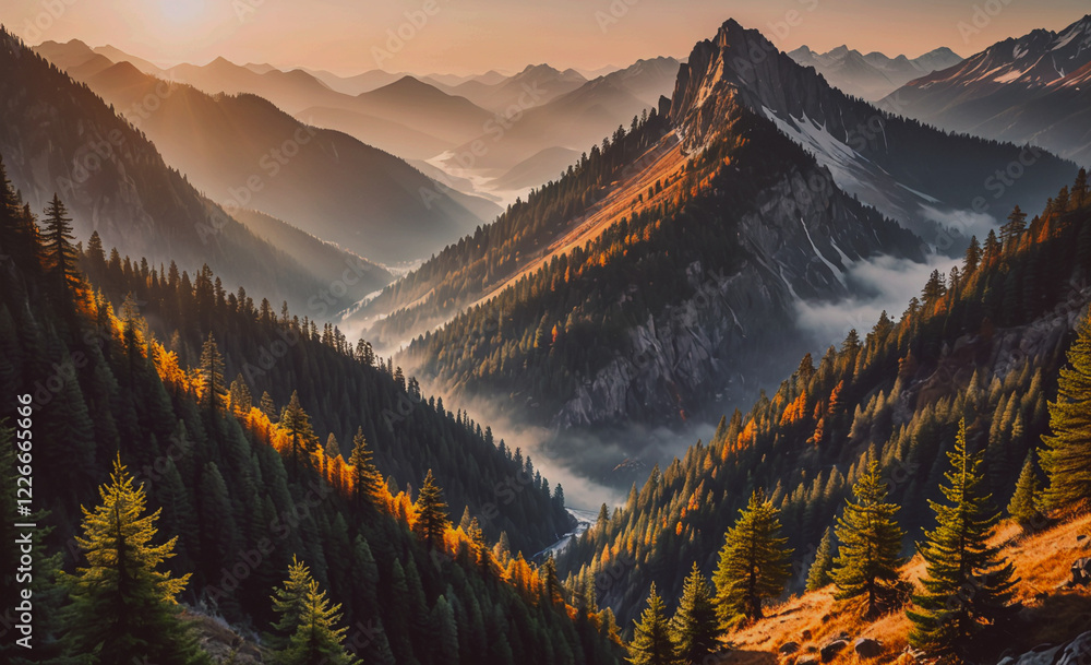 Fototapete a mountain range with a forest in the foreground. the sun is shining on the mountains and the trees,