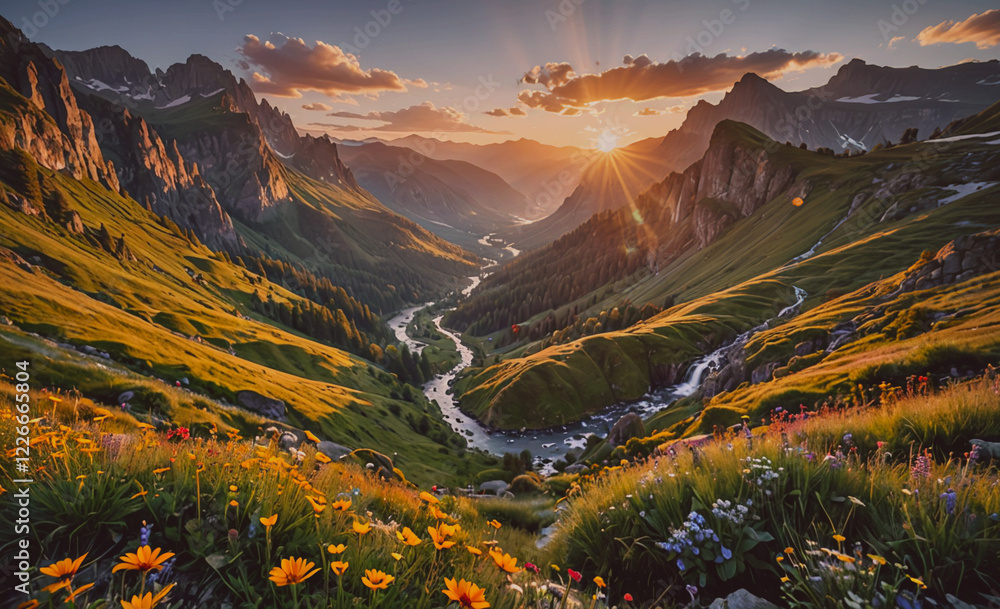 Poster A beautiful mountain valley with a river running through it. The sun is setting, casting a warm glow over the landscape. The scene is serene and peaceful, with the mountains and river creating a sense