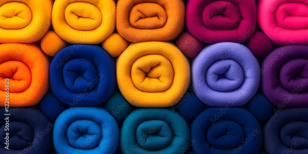 Poster a colorful arrangement of rolled blankets in various shades, creating a visually appealing pattern. 
