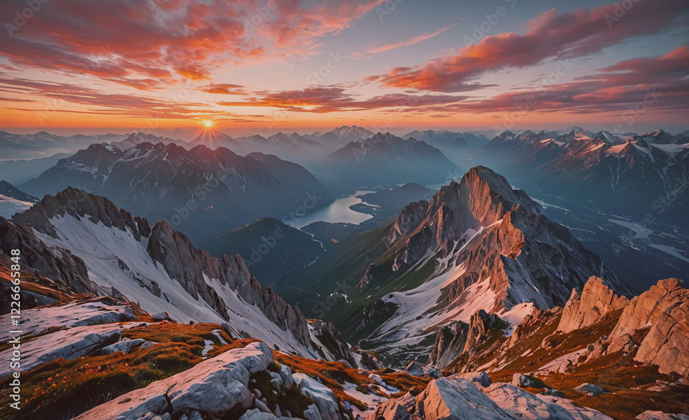 Aufkleber the mountains are covered in snow and the sun is setting in the distance. the sky is a mix of orange
