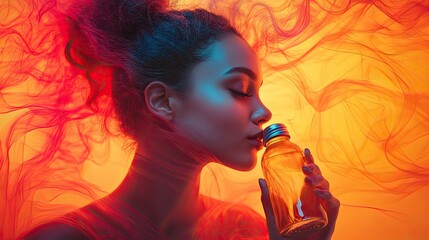 A banner features vibrant abstract artwork of a woman drinking from a bottle, surrounded by dynamic colorful lines representing energy, motion, fitness, and an active lifestyle. Copy space, neon color