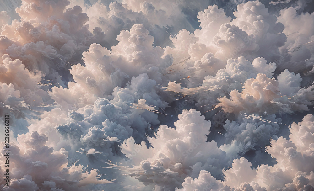 Poster the sky is filled with fluffy white clouds, creating a serene and peaceful atmosphere. the clouds ar