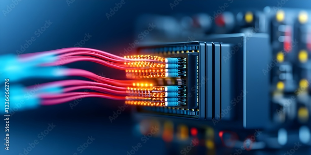Poster a close-up of data cables connected to a network device, with glowing lights indicating data transmi