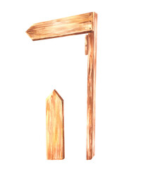 Wooden directional sign, arrow. Wooden signboards, board, banners, rustic plaque place name. Signs direction for pathfinding. Watercolor realistic clipart Hand drawn Illustration isolated from