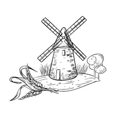 Rustic landscape of windmill and grass on ground black white vector illustration. Rural making bread mill and bunch of wheat hand drawn monochrome art for design package bread, flour label, bakery.