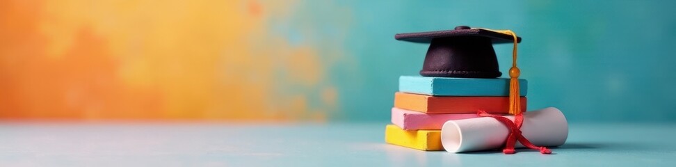 Small graduation cap on a stack of colorful blocks, tiny diploma, tiny, achievement, toys